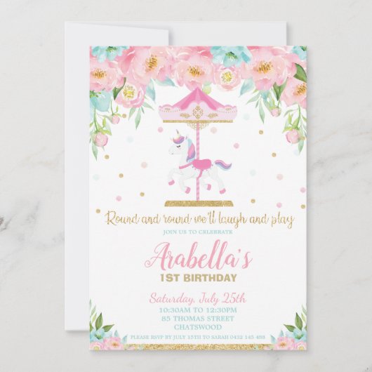 Carrousel Unicorn 1e verjaardag Roze Mint Floral Kaart (Voorkant)