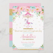 Carrousel Unicorn 1e verjaardag Roze Mint Floral Kaart (Voorkant / Achterkant)