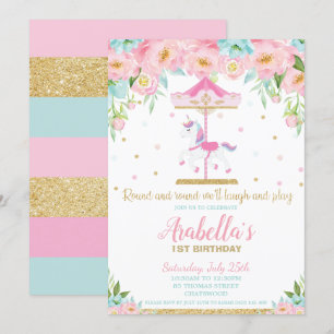 Carrousel Unicorn 1e verjaardag Roze Mint Floral Kaart
