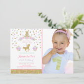 Carrousel Verjaardag Uitnodiging Bloemen Roze Munt (Staand voorkant)