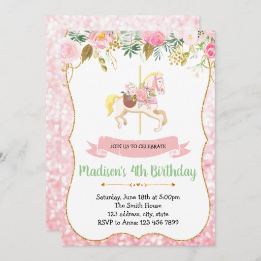 Carrousel verjaardagsfeestje uitnodiging (Voorkant / Achterkant)