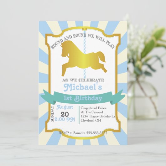 Carrousel verjaardagsfeestje uitnodiging (blauw) (Staand voorkant)
