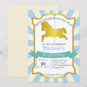 Carrousel verjaardagsfeestje uitnodiging (blauw) (Voorkant / Achterkant)