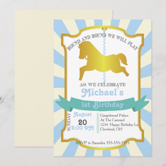 Carrousel verjaardagsfeestje uitnodiging (blauw) (Voorkant / Achterkant)