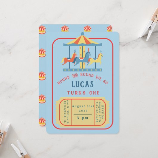 Carrousel verjaardagsuitnodiging kaart (Voorkant / Achterkant in situ)