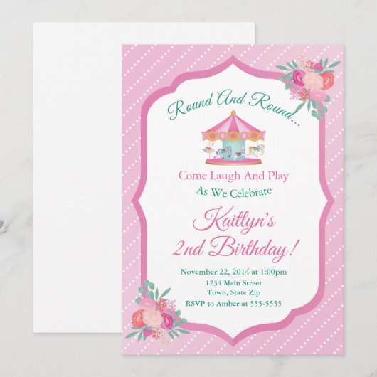 Carrousel verjaardagsuitnodiging Merry Go Round Kaart (Voorkant / Achterkant)