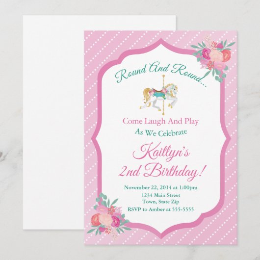 Carrousel verjaardagsuitnodiging Merry Go Round Kaart (Voorkant / Achterkant)