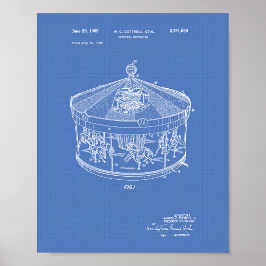 Carrouselmechanisme 1965 Patent Art Blueprint Poster (Voorkant)