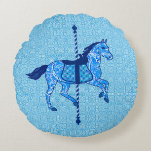 Carrouselpaarden - Cobalt en Sky Blue Rond Kussen