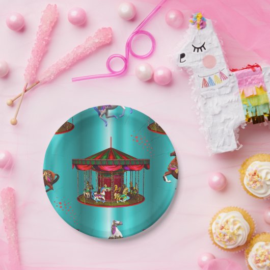 Carrouselpaarden op blauw papieren bordje (Feest)