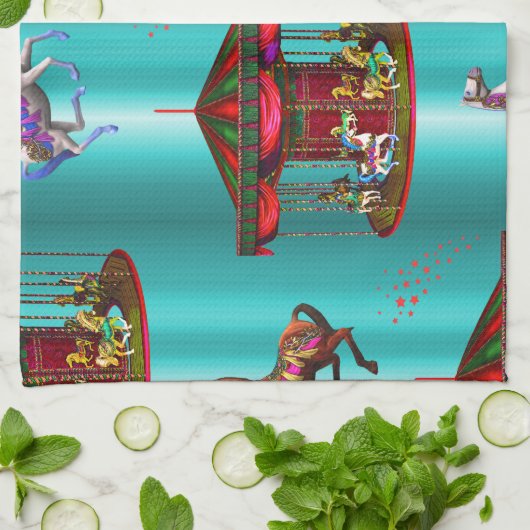 Carrouselpaarden op blauw theedoek (Gevouwen)