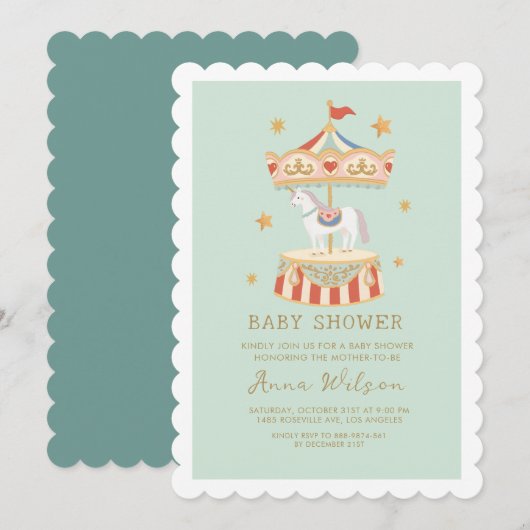 Carrouselpastel Sage Groen Schattige Baby shower Kaart (Voorkant / Achterkant)