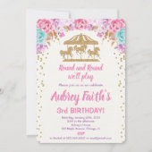 Carrouselroze en gouden verjaardagsuitnodiging kaart (Voorkant)