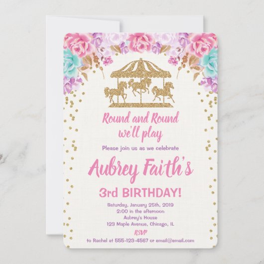Carrouselroze en gouden verjaardagsuitnodiging kaart (Voorkant)