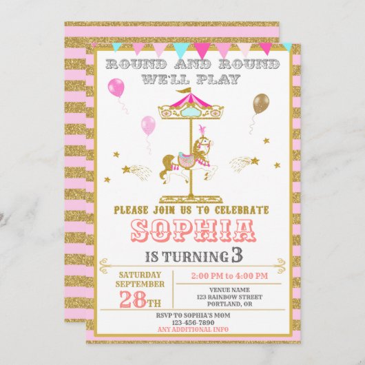 Carrouselverjaardagsuitnodiging Carnival Park Kaart (Voorkant / Achterkant)