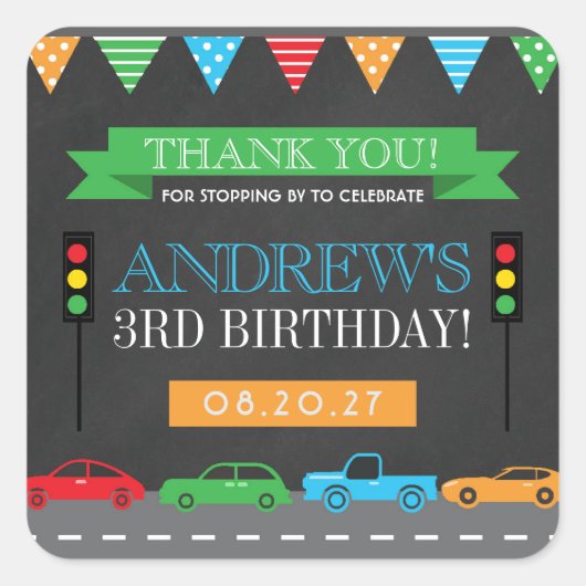 Cars Chalkboard Birthday Party Hartelijk dank Vierkante Sticker (Voorkant)
