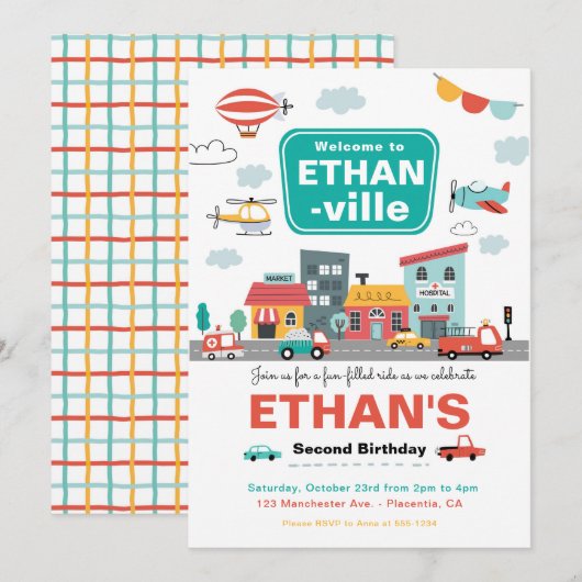 Cars & Trucks City Transportation verjaardagsfeest Kaart (Voorkant / Achterkant)