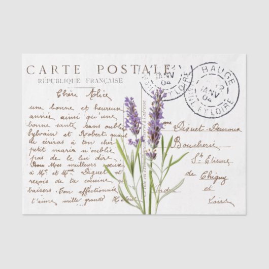 Carte Postale French Script Lavender Flower Craft Tissuepapier (Voorkant)