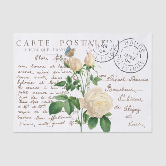 Carte Postale French Script Roos Flower Butterfly Tissuepapier (Voorkant)