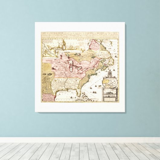 Carte Québec Nouvelle-France Amérique par Français Canvas Afdruk (Insitu (Houten vloer))
