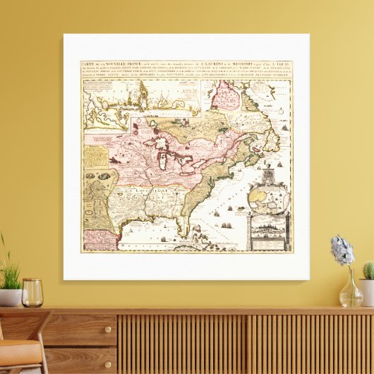 Carte Québec Nouvelle-France Amérique par Français Canvas Afdruk (Insitu (Woonkamer))