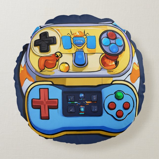 Cartoon 3D Gaming Afstandsbediening Logo voor Mooi Rond Kussen (Voorkant)