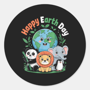 Cartoon Aarde Omgeven Door Oerwoud Dieren Happy E Ronde Sticker