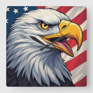 Cartoon Adelaar met Amerikaanse Vlag Patriottisch Vierkante Klok