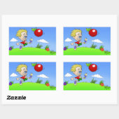 Cartoon afbeelding van een jongetje dat tegen een  rechthoekige sticker (Vel)