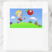 Cartoon afbeelding van een jongetje dat tegen een  rechthoekige sticker (Tas)