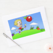 Cartoon afbeelding van een jongetje dat tegen een  rechthoekige sticker (Envelop)