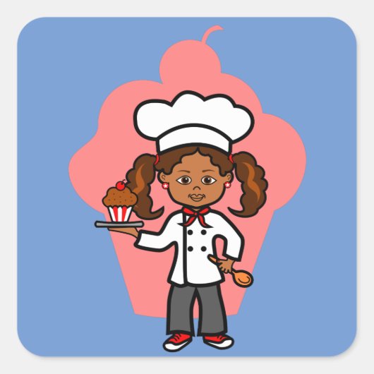 Cartoon Afrikaanse Amerikaanse Vrouw Chef met Cupc Vierkante Sticker (Voorkant)