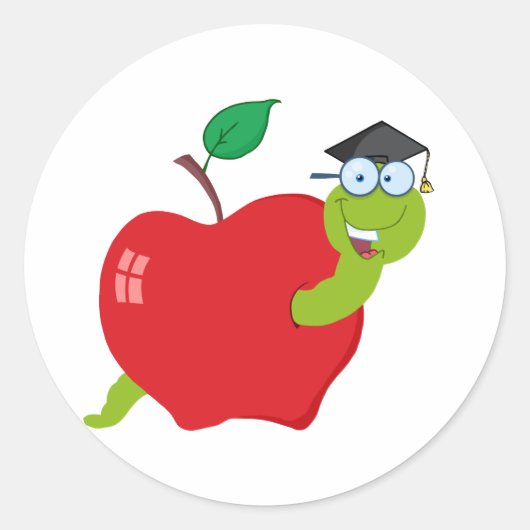Cartoon Afstuderen worm in appel Ronde Sticker (Voorkant)