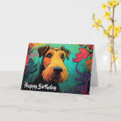 Cartoon Airedale Terrier in een Tuin Custom Kaart (Gele Bloem)