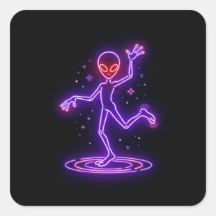 Cartoon Alien Danst Tussen Kleine Sterexplosies Vierkante Sticker