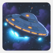 Cartoon Alien Spaceship Vierkante Sticker (Voorkant)