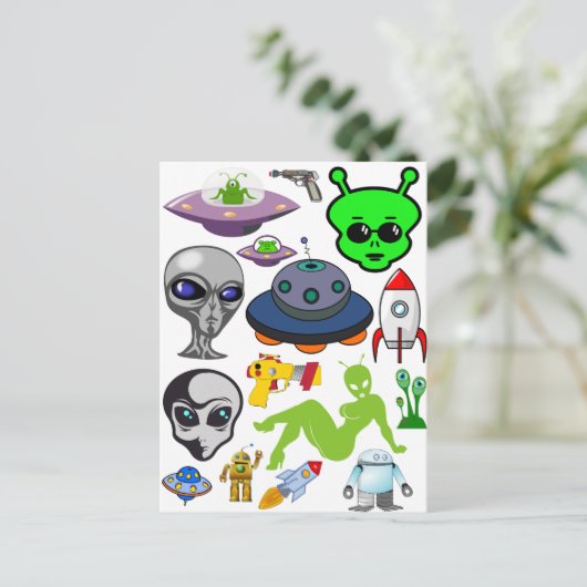 Cartoon Aliens Grays UFO Art Collage sheet Briefkaart (Staand voorkant)