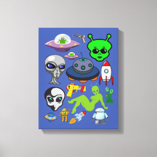 Cartoon Aliens Grays UFO Art Collage sheet Canvas Afdruk