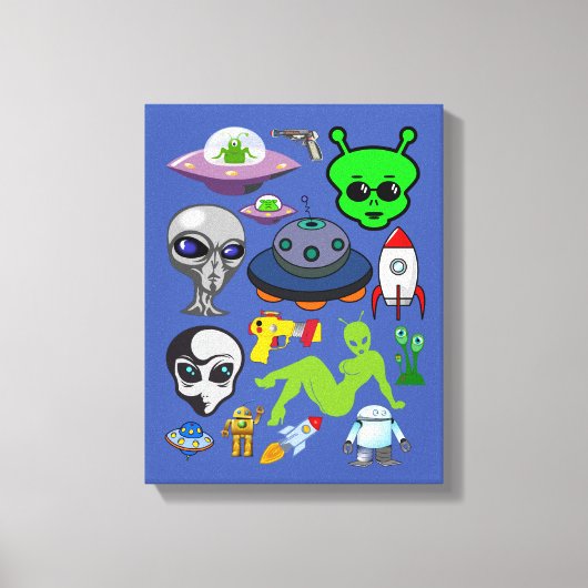 Cartoon Aliens Grays UFO Art Collage sheet Canvas Afdruk (Voorkant)