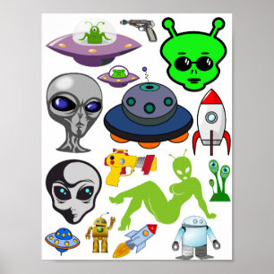 Cartoon Aliens Grays UFO Art Collage sheet Poster