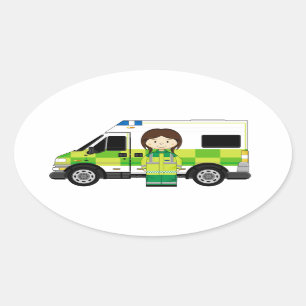 Cartoon Ambulance en EMT Ovale Sticker