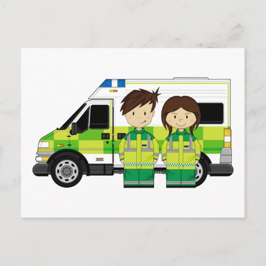Cartoon Ambulance en EMT's Briefkaart (Voorkant)
