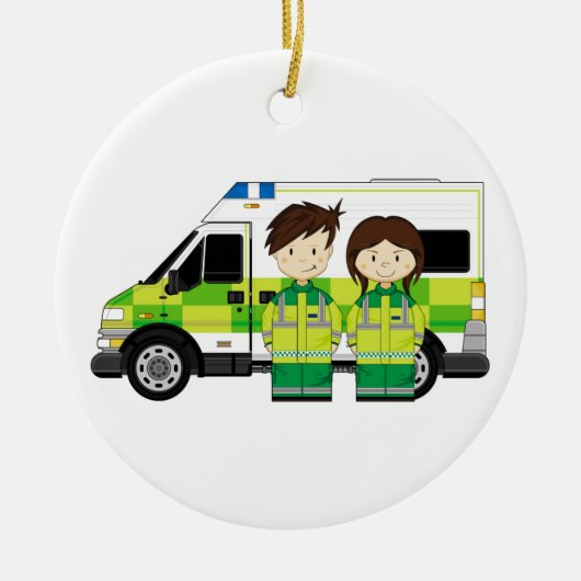 Cartoon Ambulance en EMT's Keramisch Ornament (Voorkant)