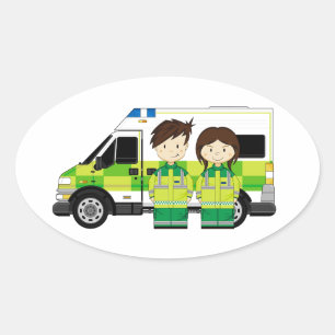 Cartoon Ambulance en EMT's Ovale Sticker