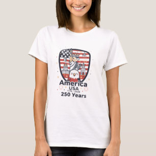 Cartoon Amerika 250 Jaar Patriottische VS Schild T-shirt