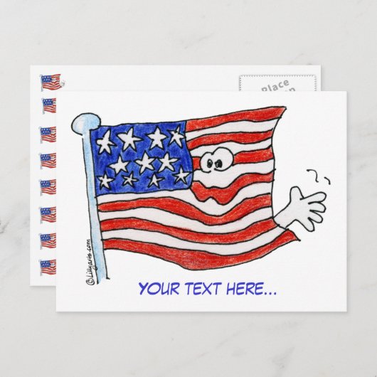 Cartoon-Amerikaanse Briefkaarten met vlaggolving (Voorkant / Achterkant)