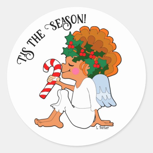 Cartoon Angel met Candy Cane Sticker (Voorkant)