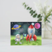 Cartoon astronaut en  raket briefkaart (Staand voorkant)