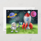 Cartoon astronaut en  raket briefkaart (Voorkant / Achterkant)