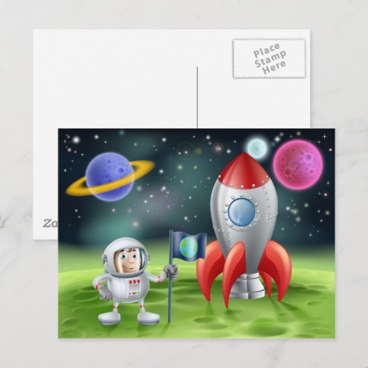 Cartoon astronaut en raket briefkaart (Voorkant / Achterkant)